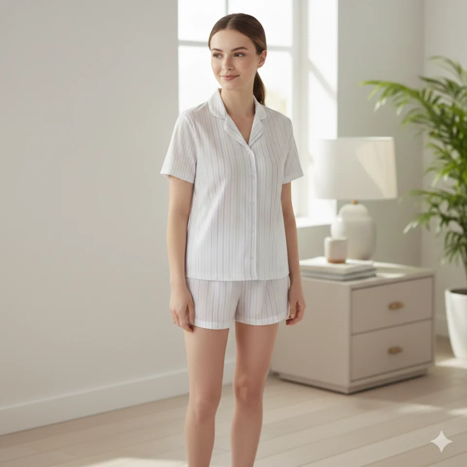 Pijama damă cu bluză cu nasturi, mânecă scurtă și pantaloni scurți, imprimeu dungi, culoare alb/mov