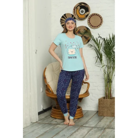 Pijama pentru dama, maneca scurta, pantaloni lungi cu imprimeu Stars - Set de Primăvară