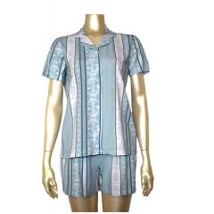 Pijamale damă cu mânecă scurtă si nasturi, pantaloni scurți, imprimeu floral cu dungi, blue
