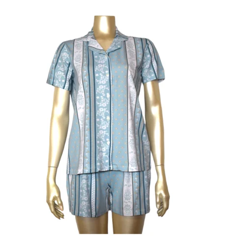 Pijamale damă cu mânecă scurtă si nasturi, pantaloni scurți, imprimeu floral cu dungi, blue