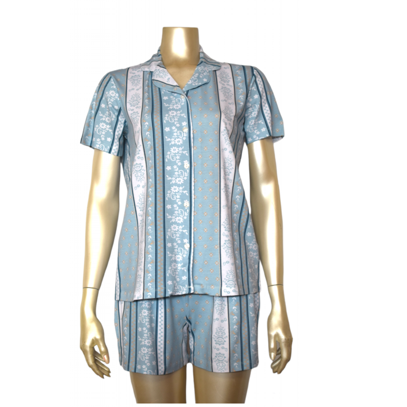 Pijamale damă cu mânecă scurtă si nasturi, pantaloni scurți, imprimeu floral cu dungi, blue