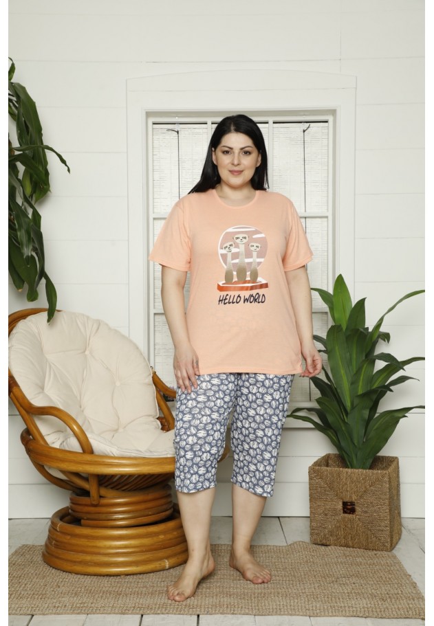 Pijama dama din bumbac, tricou portocaliu cu imprimeu „Hello World” și pantaloni 3/4 asortați