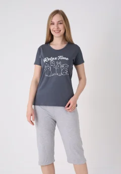 Pijama damă cu model de Paște, roz – tricou bumbac și pantaloni 3/4 (Kopya)