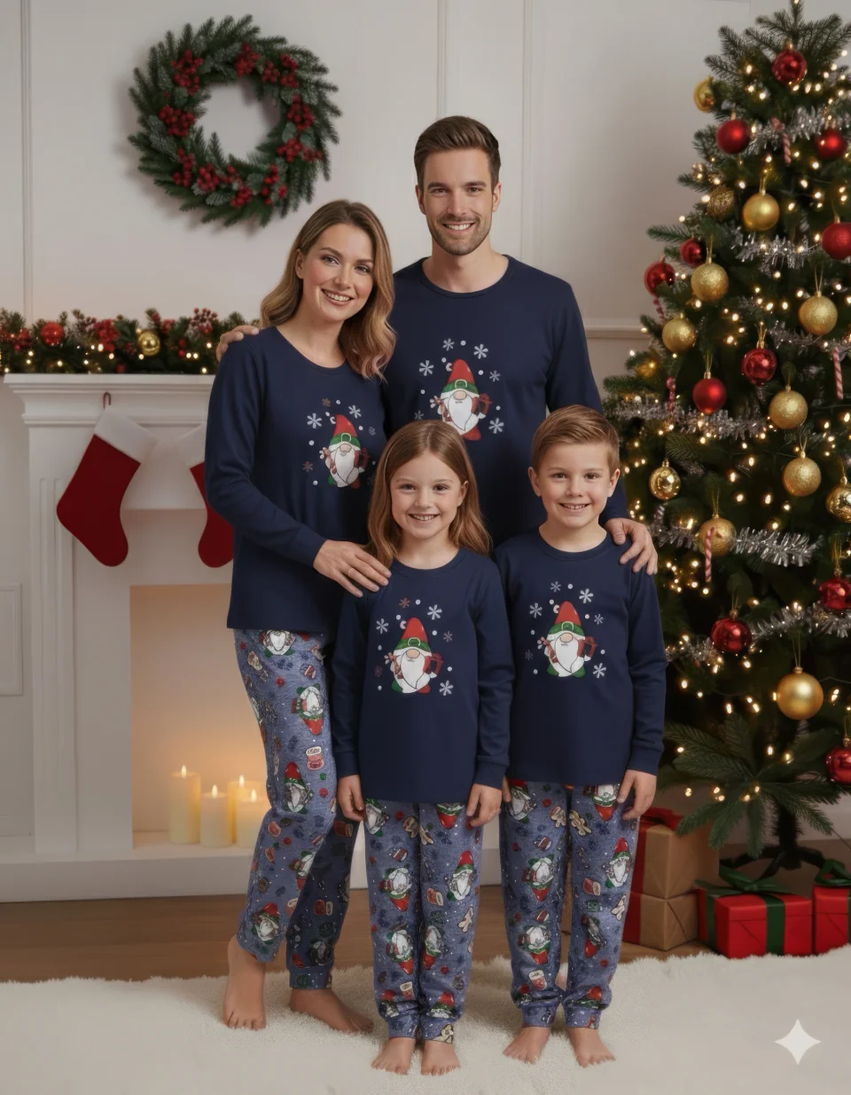 Pijama Crăciun Familie– Bluză Bleumarin & Pantaloni Gri cu Imprimeu Pitic de Crăciun