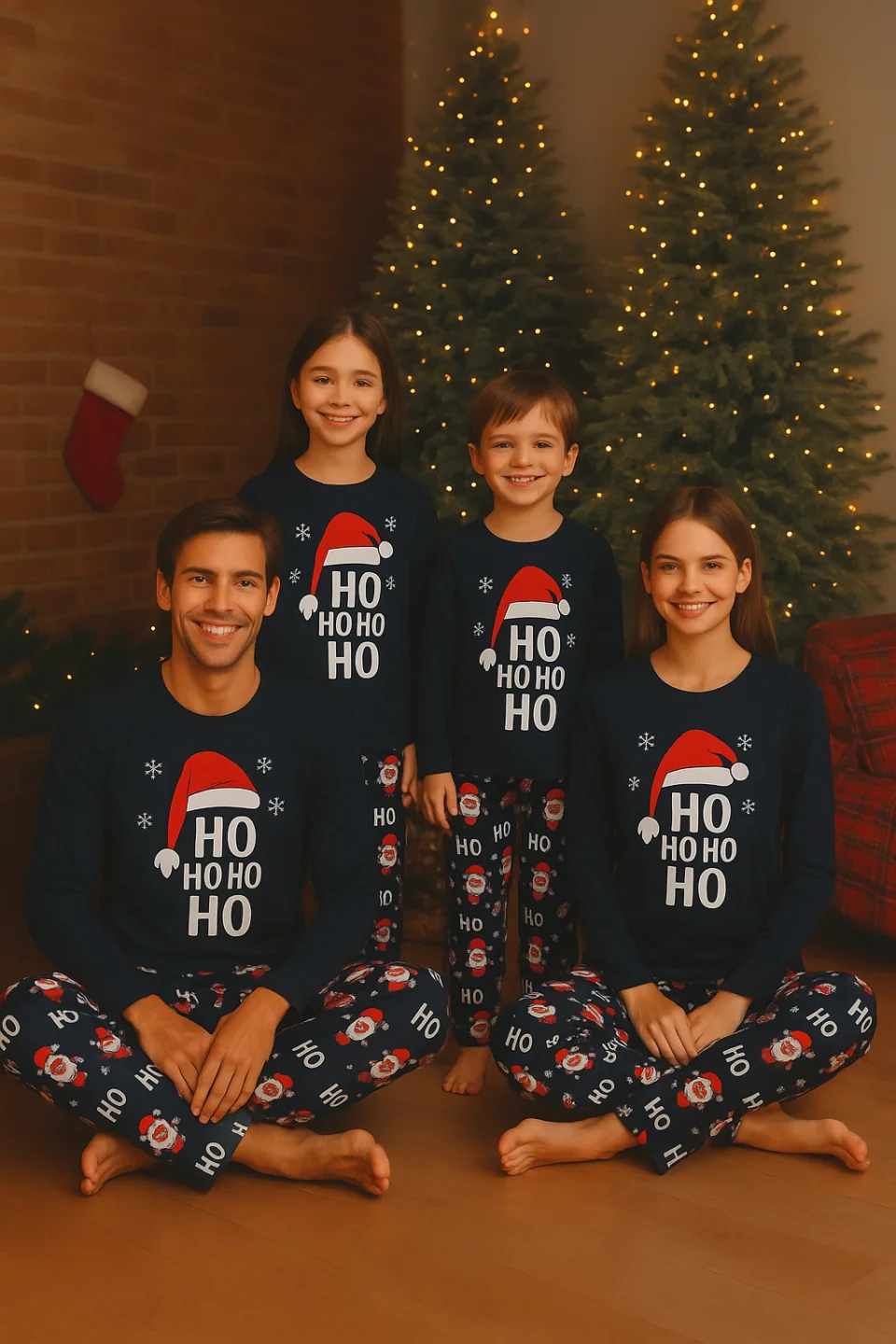 Pijama Crăciun Familie – Bluză & Pantaloni Bleumarin cu Imprimeu „HO HO HO”