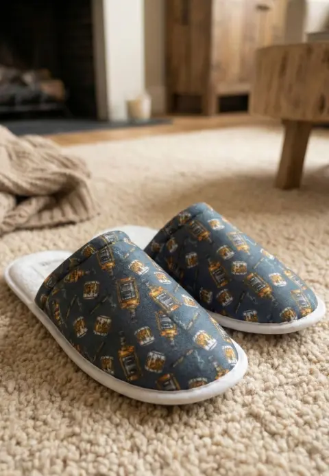 Papuci de casă bărbați, albastru închis, imprimeu whiskey