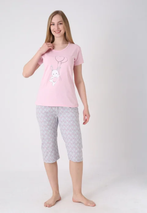 Pijama damă cu model de Paște, roz deschis – tricou bumbac și pantaloni 3/4