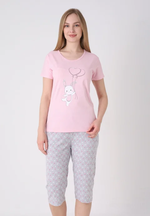 Pijama damă cu model de Paște, roz deschis – tricou bumbac și pantaloni 3/4